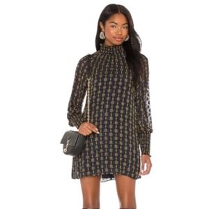 Amanda Uprichard Noemi Smocked Embroidered Mini Dress in Navy & Gold Sz L